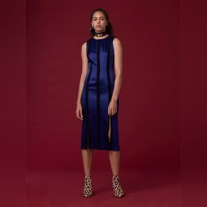 Diane Von Furstenberg Tailored Striped Column Midi Dress Slits Blue Black Size 2
